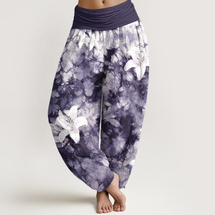 Buddha Stones Haremshose aus reiner Baumwolle im Aquarellstil mit Lilienmuster und elastischem Bund für Damen - Indigo - US16, UK/AU20, EU48 (3XL) - image 5
