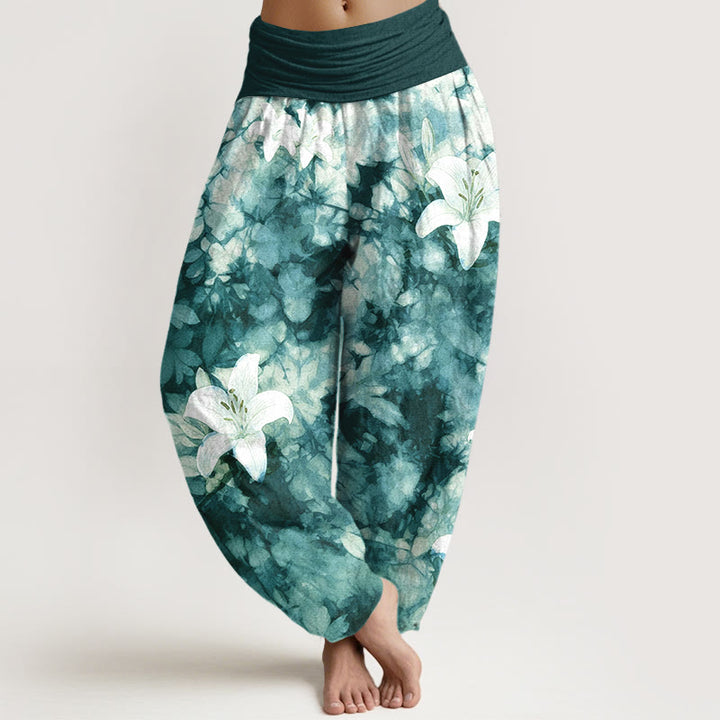 Buddha Stones Haremshose aus reiner Baumwolle im Aquarellstil mit Lilienmuster und elastischem Bund für Damen - Dunkelgrün - US16, UK/AU20, EU48 (3XL) - image 8