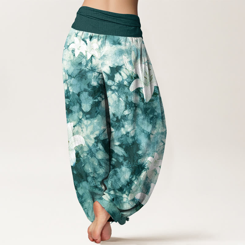 Buddha Stones Haremshose aus reiner Baumwolle im Aquarellstil mit Lilienmuster und elastischem Bund für Damen - image 9