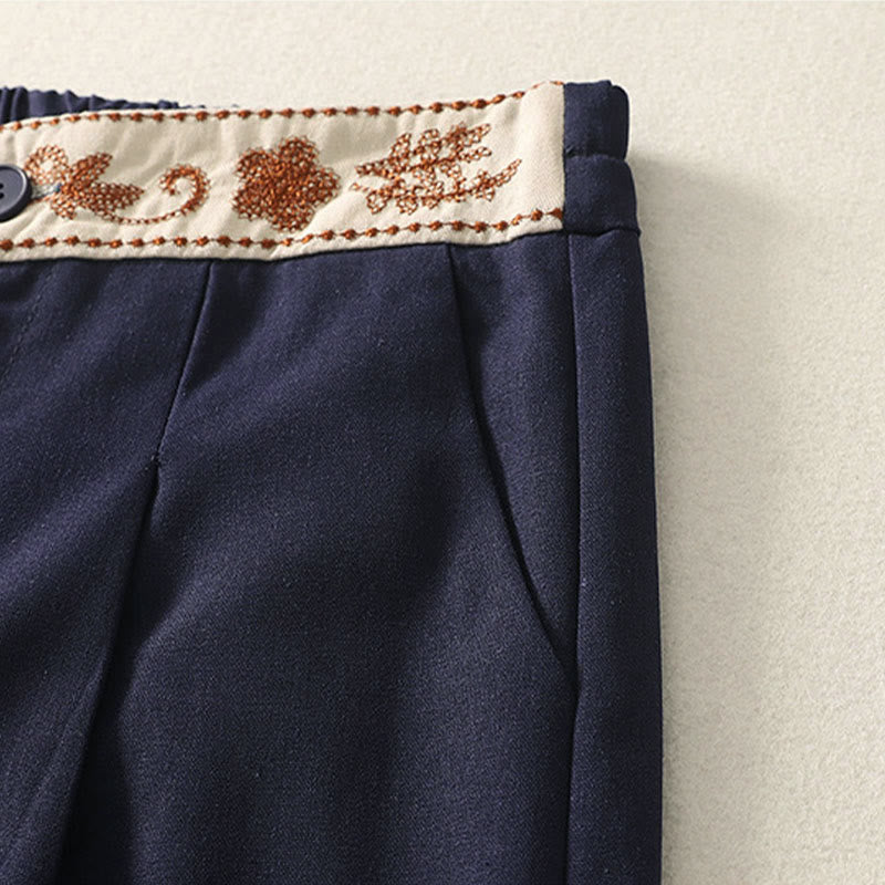 Buddha Stones Damen-Stickereihose aus Baumwolle mit elastischem Bund, Reißverschluss, weitem Bein und Taschen - image 18
