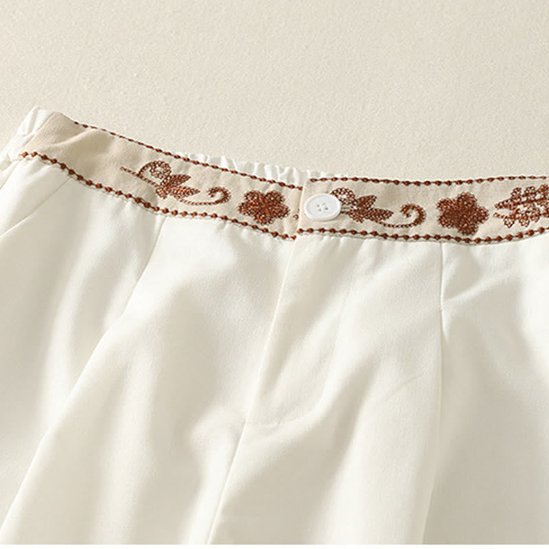 Buddha Stones Damen-Stickereihose aus Baumwolle mit elastischem Bund, Reißverschluss, weitem Bein und Taschen - image 4