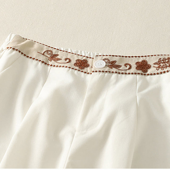 Buddha Stones Damen-Stickereihose aus Baumwolle mit elastischem Bund, Reißverschluss, weitem Bein und Taschen - image 4