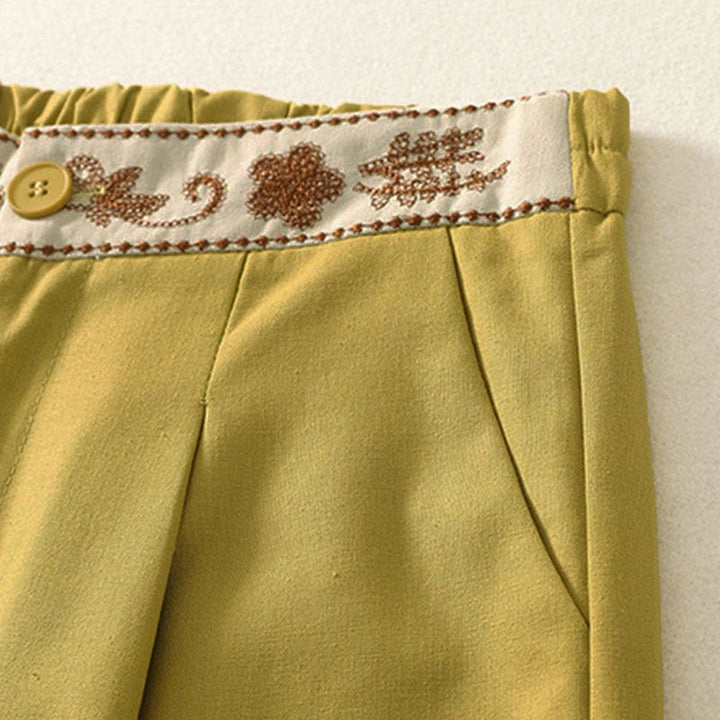 Buddha Stones Damen-Stickereihose aus Baumwolle mit elastischem Bund, Reißverschluss, weitem Bein und Taschen - image 13