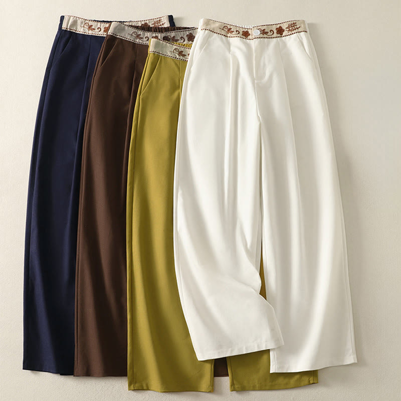 Buddha Stones Damen-Stickereihose aus Baumwolle mit elastischem Bund, Reißverschluss, weitem Bein und Taschen - image 0