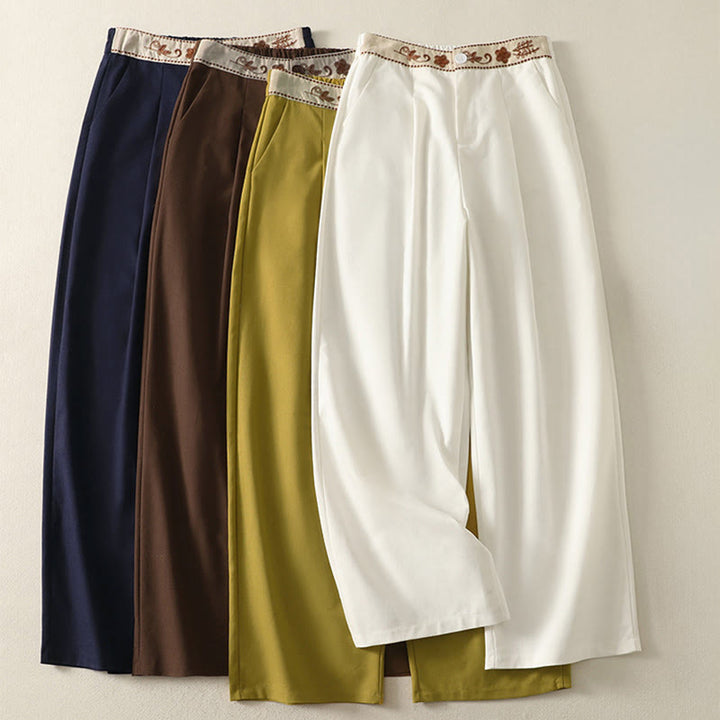 Buddha Stones Damen-Stickereihose aus Baumwolle mit elastischem Bund, Reißverschluss, weitem Bein und Taschen - image 0