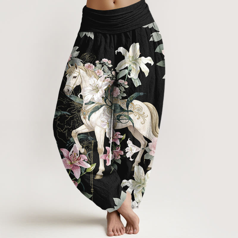 Buddha Stones, reine Baumwolle, romantisches Pferde-, Lilien- und Pfingstrosenmuster, Damen-Haremshose mit elastischem Bund - Schwarz - US16, UK/AU20, EU48 (3XL) - image 0