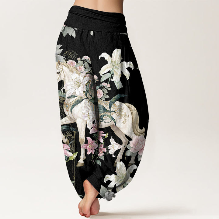 Buddha Stones, reine Baumwolle, romantisches Pferde-, Lilien- und Pfingstrosenmuster, Damen-Haremshose mit elastischem Bund - image 1