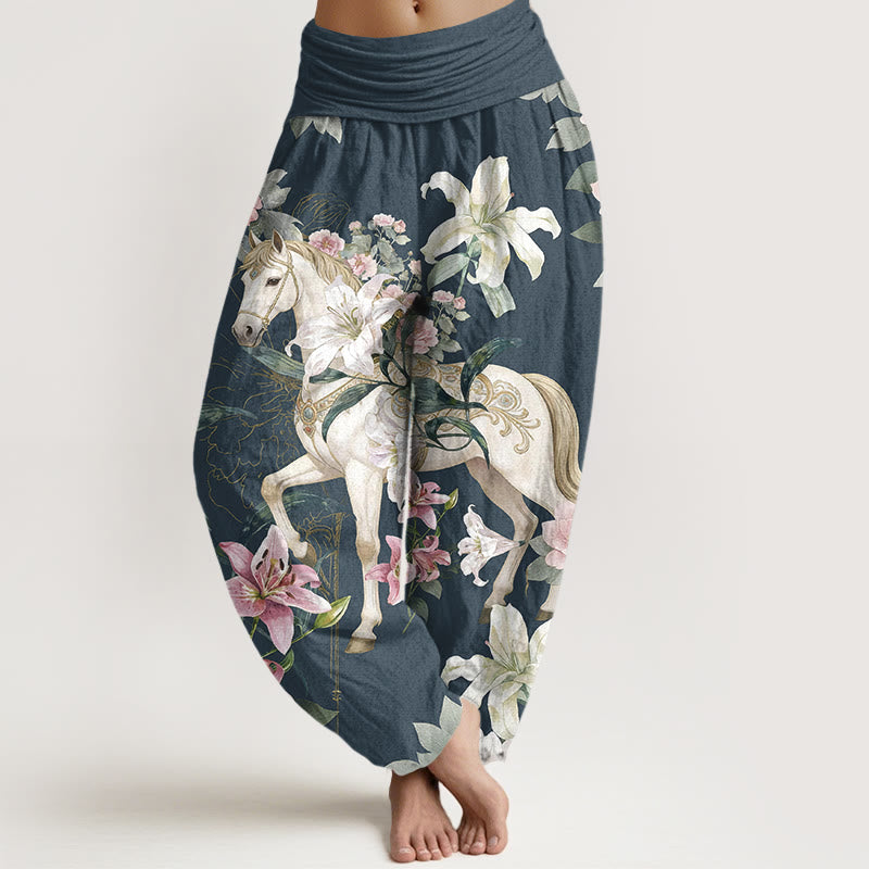 Buddha Stones, reine Baumwolle, romantisches Pferde-, Lilien- und Pfingstrosenmuster, Damen-Haremshose mit elastischem Bund - Dunkelschieferblau - US16, UK/AU20, EU48 (3XL) - image 5