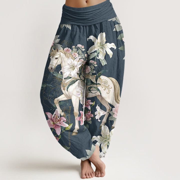 Buddha Stones, reine Baumwolle, romantisches Pferde-, Lilien- und Pfingstrosenmuster, Damen-Haremshose mit elastischem Bund - Dunkelschieferblau - US16, UK/AU20, EU48 (3XL) - image 5