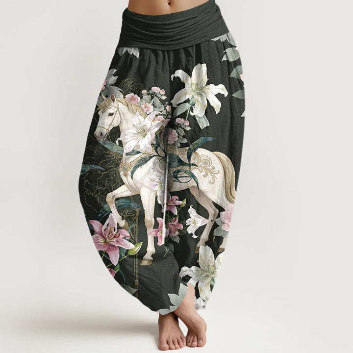 Buddha Stones, reine Baumwolle, romantisches Pferde-, Lilien- und Pfingstrosenmuster, Damen-Haremshose mit elastischem Bund - DimGray - US16, UK/AU20, EU48 (3XL) - image 8