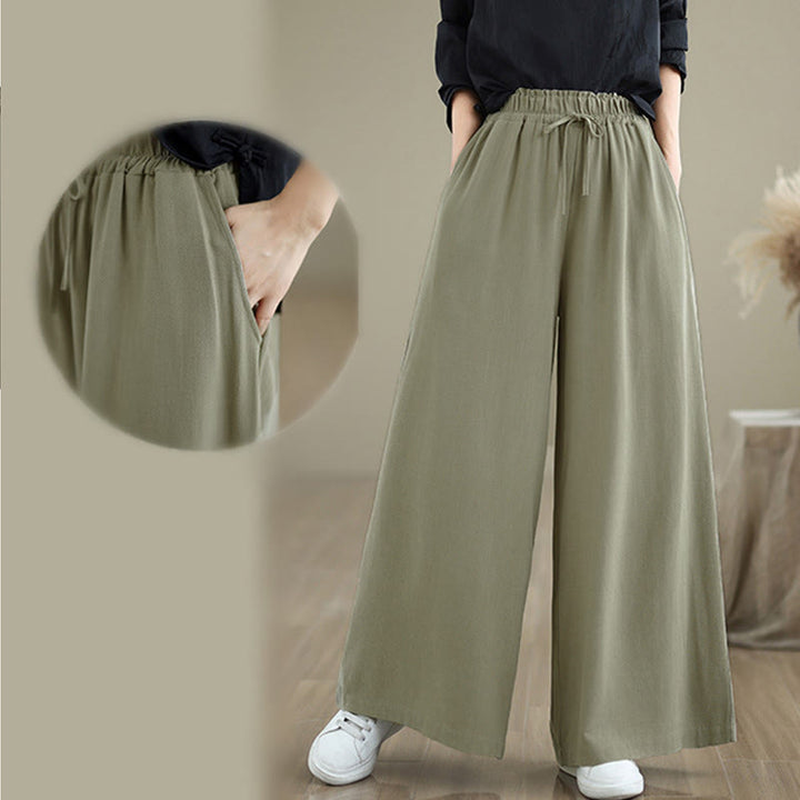Buddha Stones Damen-Hose aus Baumwoll-Leinen-Mischgewebe mit Kordelzug, weitem Bein und Knöchellänge, Taschen - image 11