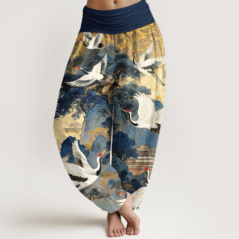 Buddha Stones Haremshose aus reiner Baumwolle mit wunderschönem Kranich- und Kiefernmuster sowie elastischem Bund für Damen. - Dunkelblau - US16, UK/AU20, EU48 (3XL) - image 0