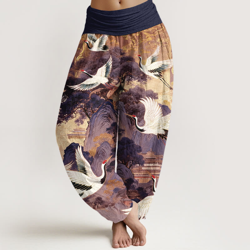 Buddha Stones Haremshose aus reiner Baumwolle mit wunderschönem Kranich- und Kiefernmuster sowie elastischem Bund für Damen. - Dunkelviolett - US16, UK/AU20, EU48 (3XL) - image 5