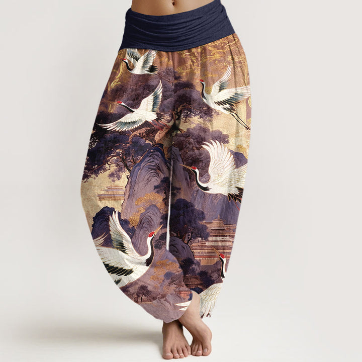 Buddha Stones Haremshose aus reiner Baumwolle mit wunderschönem Kranich- und Kiefernmuster sowie elastischem Bund für Damen. - Dunkelviolett - US16, UK/AU20, EU48 (3XL) - image 5