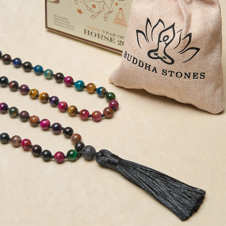 Buddha Stones, mehrfarbig, gelbes Tigerauge, grünes Tigerauge, blaues Tigerauge, rotes Tigerauge, Perlenquaste, Stärke-Mala - image 3