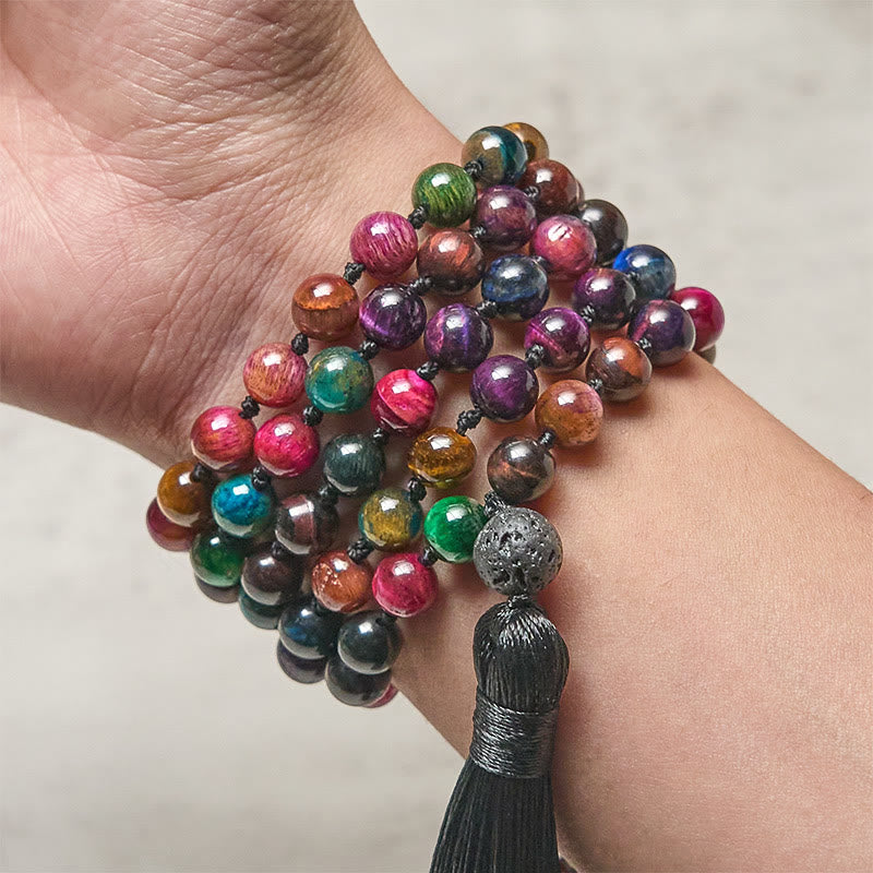 Buddha Stones, mehrfarbig, gelbes Tigerauge, grünes Tigerauge, blaues Tigerauge, rotes Tigerauge, Perlenquaste, Stärke-Mala - image 2