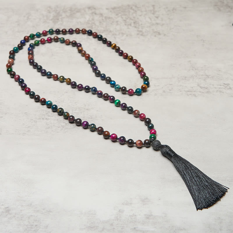 Buddha Stones, mehrfarbig, gelbes Tigerauge, grünes Tigerauge, blaues Tigerauge, rotes Tigerauge, Perlenquaste, Stärke-Mala - image 1