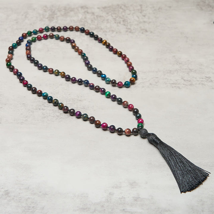 Buddha Stones, mehrfarbig, gelbes Tigerauge, grünes Tigerauge, blaues Tigerauge, rotes Tigerauge, Perlenquaste, Stärke-Mala - image 1