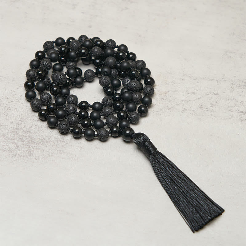 Buddha Stones ​​8 mm Perlen Schwarzer Onyx Lavastein Quaste Schutz Glück Mala - Schwarzer Onyx und Lavagestein - image 0