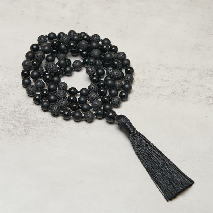 Buddha Stones ​​8 mm Perlen Schwarzer Onyx Lavastein Quaste Schutz Glück Mala - Schwarzer Onyx und Lavagestein - image 0