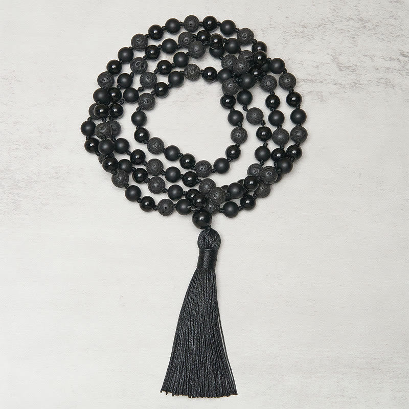Buddha Stones ​​8 mm Perlen Schwarzer Onyx Lavastein Quaste Schutz Glück Mala - image 1