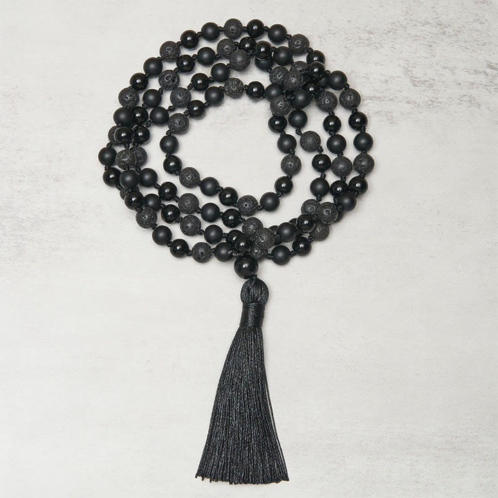 Buddha Stones ​​8 mm Perlen Schwarzer Onyx Lavastein Quaste Schutz Glück Mala - image 1