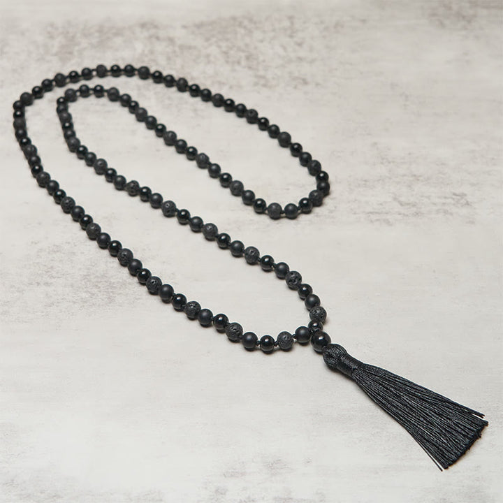 Buddha Stones ​​8 mm Perlen Schwarzer Onyx Lavastein Quaste Schutz Glück Mala - image 2