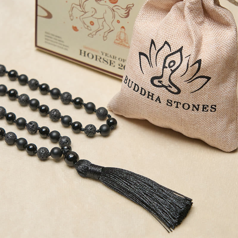 Buddha Stones ​​8 mm Perlen Schwarzer Onyx Lavastein Quaste Schutz Glück Mala - image 5