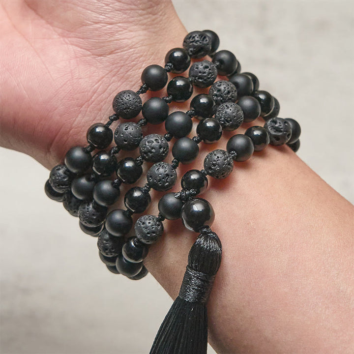 Buddha Stones ​​8 mm Perlen Schwarzer Onyx Lavastein Quaste Schutz Glück Mala - image 3