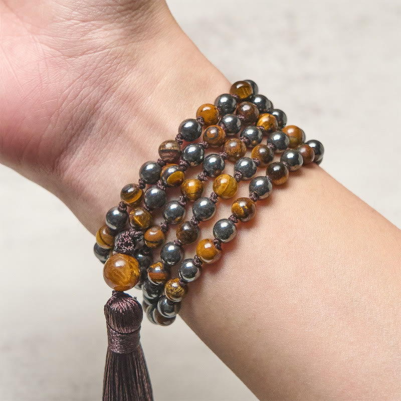 Buddha Stones, 108 Perlen, Tigerauge, Hämatit-Quaste, Mut- und Stärke-Mala - image 3