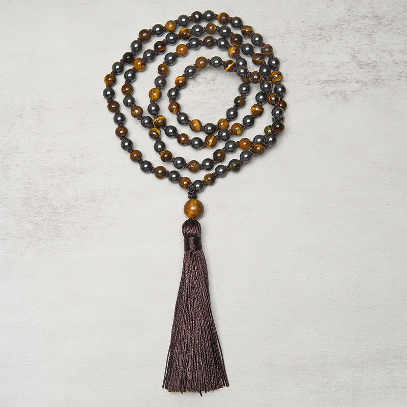Buddha Stones, 108 Perlen, Tigerauge, Hämatit-Quaste, Mut- und Stärke-Mala - image 1