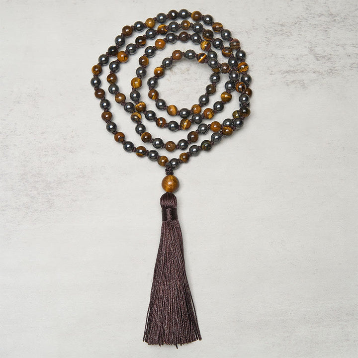 Buddha Stones, 108 Perlen, Tigerauge, Hämatit-Quaste, Mut- und Stärke-Mala - image 1