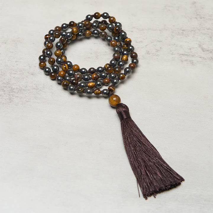 Buddha Stones, 108 Perlen, Tigerauge, Hämatit-Quaste, Mut- und Stärke-Mala - Tigerauge und Hämatit - image 0