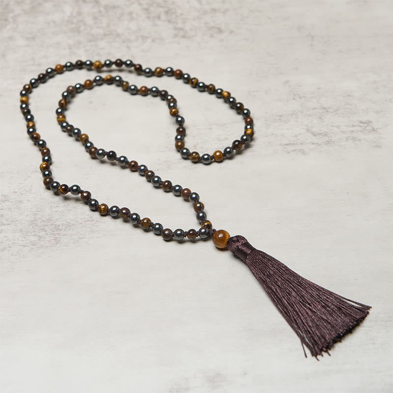 Buddha Stones, 108 Perlen, Tigerauge, Hämatit-Quaste, Mut- und Stärke-Mala - image 2