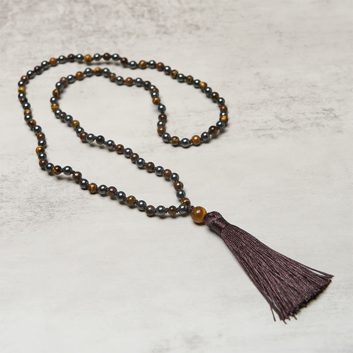 Buddha Stones, 108 Perlen, Tigerauge, Hämatit-Quaste, Mut- und Stärke-Mala - image 2