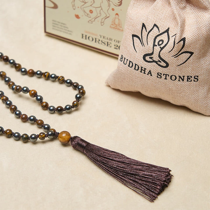 Buddha Stones, 108 Perlen, Tigerauge, Hämatit-Quaste, Mut- und Stärke-Mala - image 6