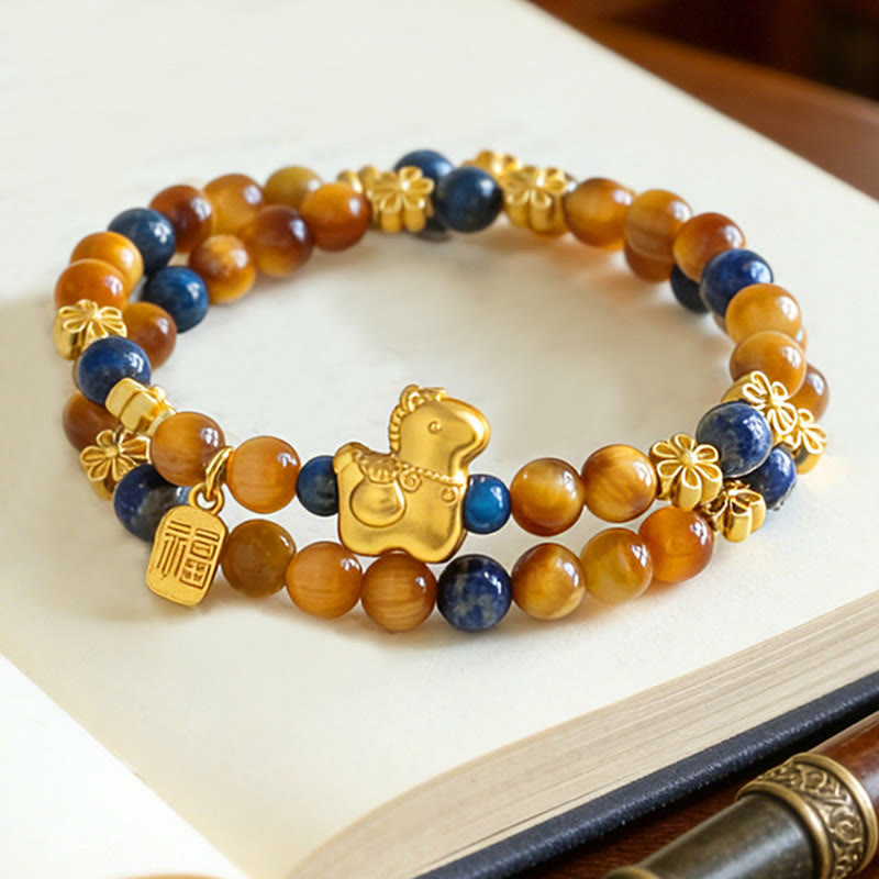 Buddha Stones ​​Jahr des Pferdes Fu-Zeichen Lazurit Lapislazuli Tigerauge Serenity Doppelwickelarmband - Lapislazuli-Tigeraugen-Pferd (Handgelenkumfang: 14-15 cm) - image 0
