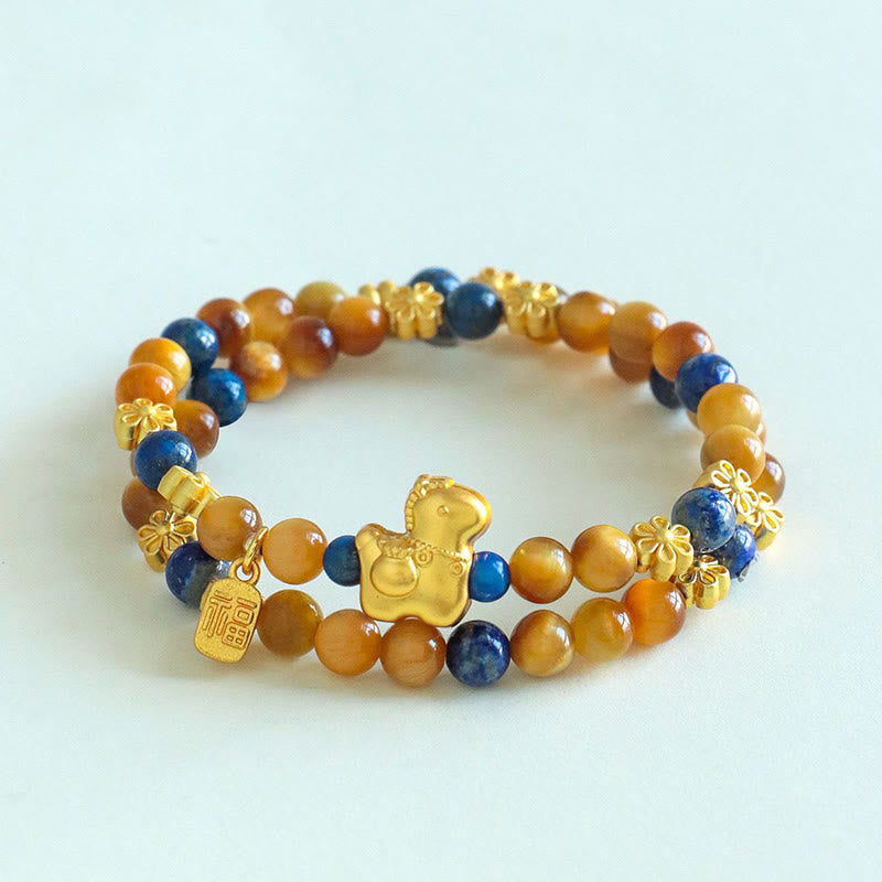 Buddha Stones ​​Jahr des Pferdes Fu-Zeichen Lazurit Lapislazuli Tigerauge Serenity Doppelwickelarmband - image 10