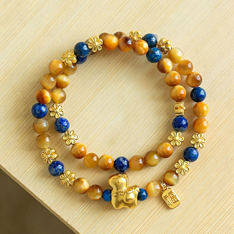 Buddha Stones ​​Jahr des Pferdes Fu-Zeichen Lazurit Lapislazuli Tigerauge Serenity Doppelwickelarmband - image 1
