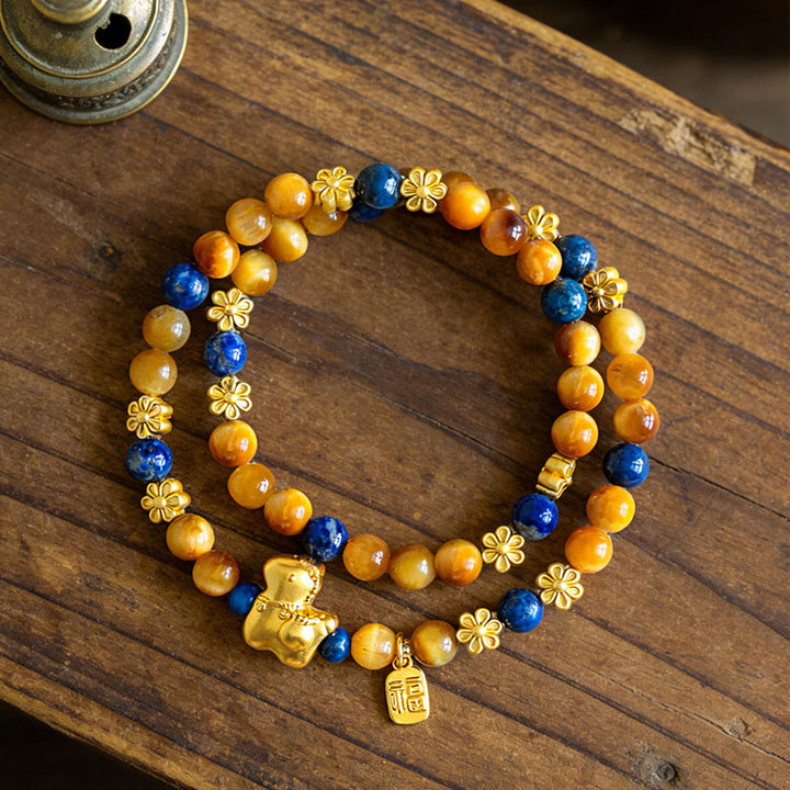 Buddha Stones ​​Jahr des Pferdes Fu-Zeichen Lazurit Lapislazuli Tigerauge Serenity Doppelwickelarmband - image 3