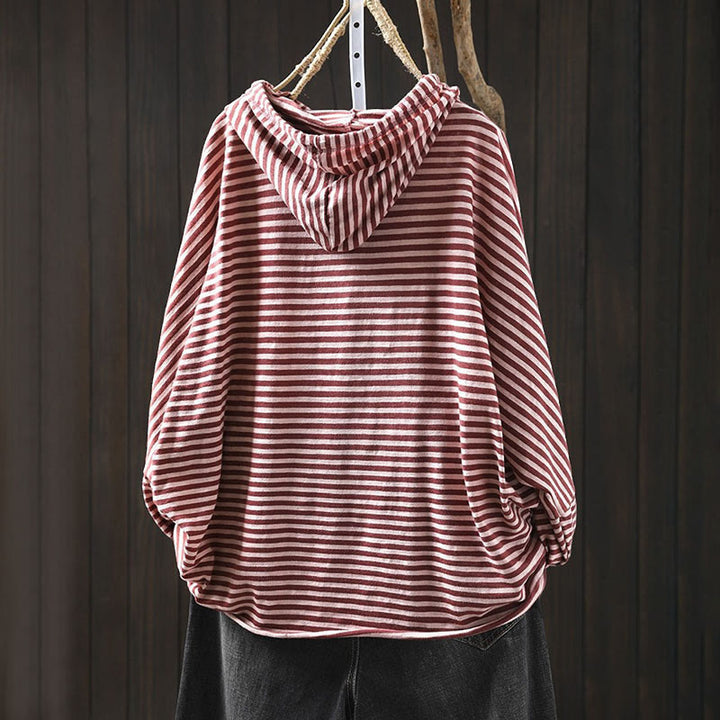 Damen-Baumwollhoodie mit Buddha Stones -Frühlingsstreifenmuster und langen Ärmeln - image 3