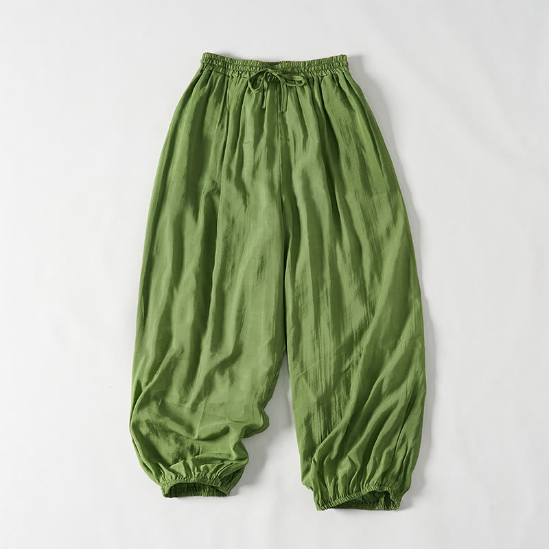 Buddha Stones Sommergrüne, knöchellange Baumwollhose mit Kordelzug für Damen mit Taschen - image 1