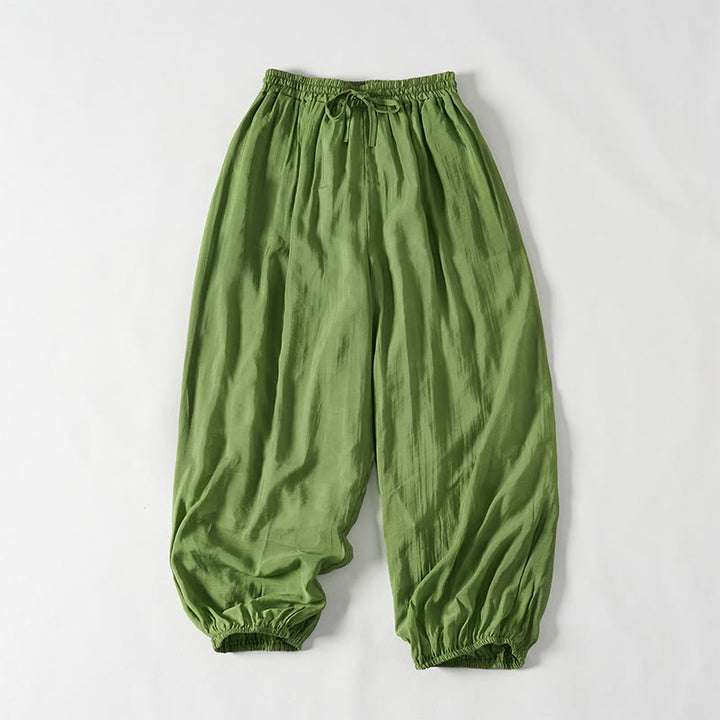 Buddha Stones Sommergrüne, knöchellange Baumwollhose mit Kordelzug für Damen mit Taschen - image 1