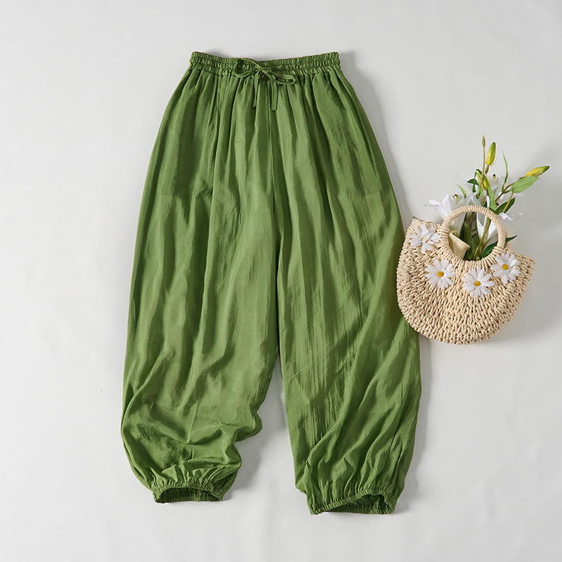 Buddha Stones Sommergrüne, knöchellange Baumwollhose mit Kordelzug für Damen mit Taschen - Dunkelseegrün - US14, UK/AU18, EU46 (2XL) - image 0