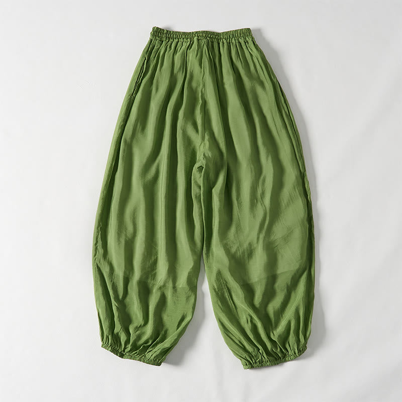 Buddha Stones Sommergrüne, knöchellange Baumwollhose mit Kordelzug für Damen mit Taschen - image 2