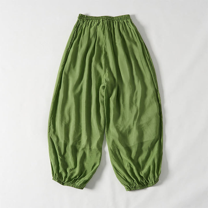 Buddha Stones Sommergrüne, knöchellange Baumwollhose mit Kordelzug für Damen mit Taschen - image 2
