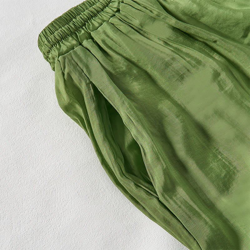Buddha Stones Sommergrüne, knöchellange Baumwollhose mit Kordelzug für Damen mit Taschen - image 4