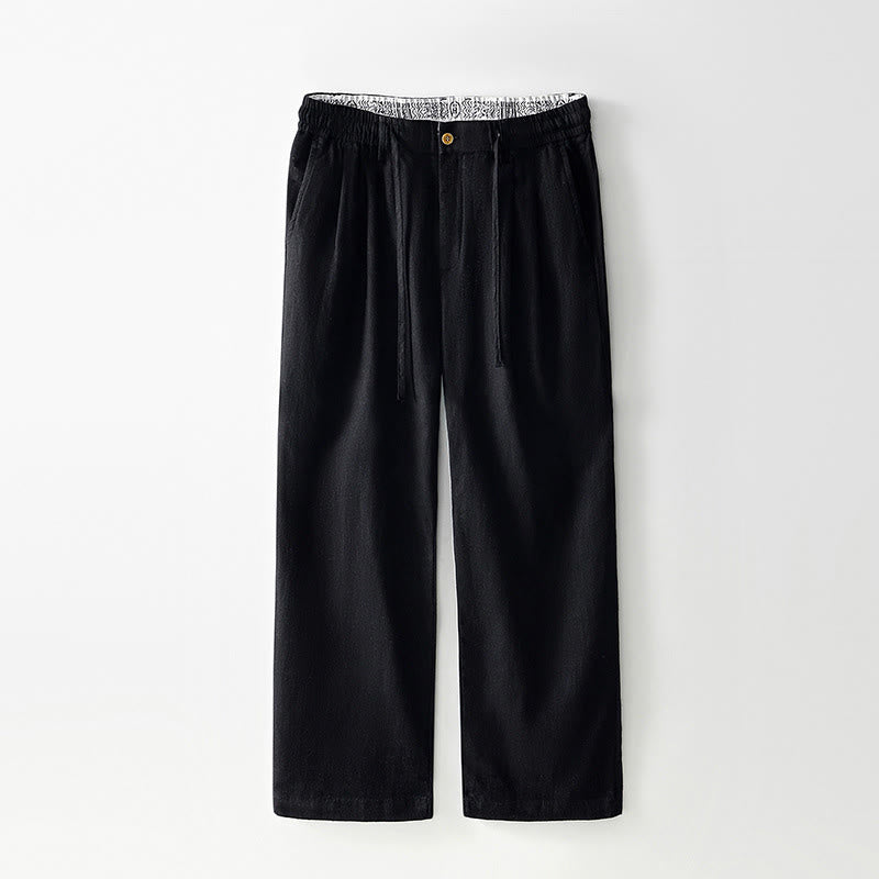 Buddha Stones Herbstfarbene, einfarbige Leinenhose für Herren mit Kordelzug und Reißverschluss, weitem Bein und Taschen - Schwarz - US/ UK/AU44, EU54 (4XL) - image 9