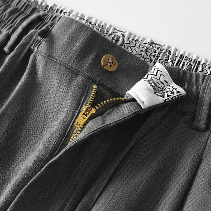 Buddha Stones Herbstfarbene, einfarbige Leinenhose für Herren mit Kordelzug und Reißverschluss, weitem Bein und Taschen - image 4