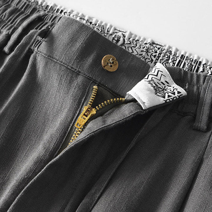 Buddha Stones Herbstfarbene, einfarbige Leinenhose für Herren mit Kordelzug und Reißverschluss, weitem Bein und Taschen - image 4